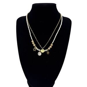 Layered Charm Necklace Gold Tone Pearl Beaded Star Moon Love Heart Lock 15"